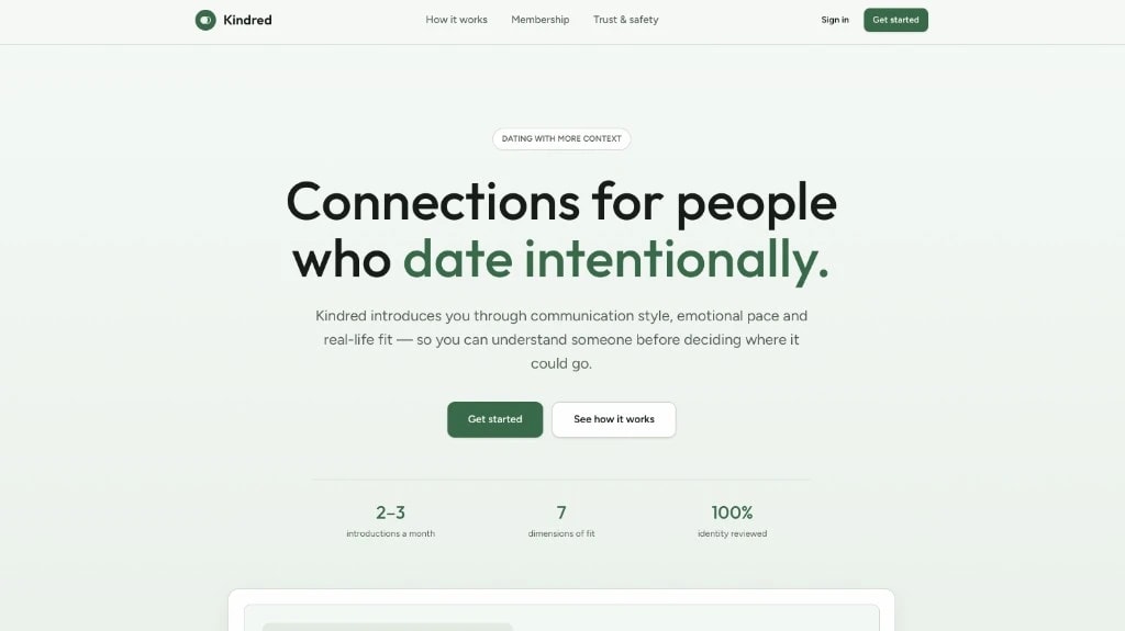 Kindred — intentional dating homepage with forest-green brand accents