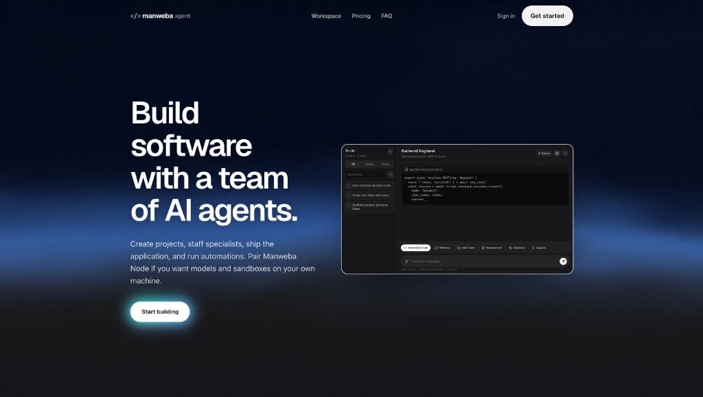 Manweba Agent — browser cockpit with task pipeline and code generation UI